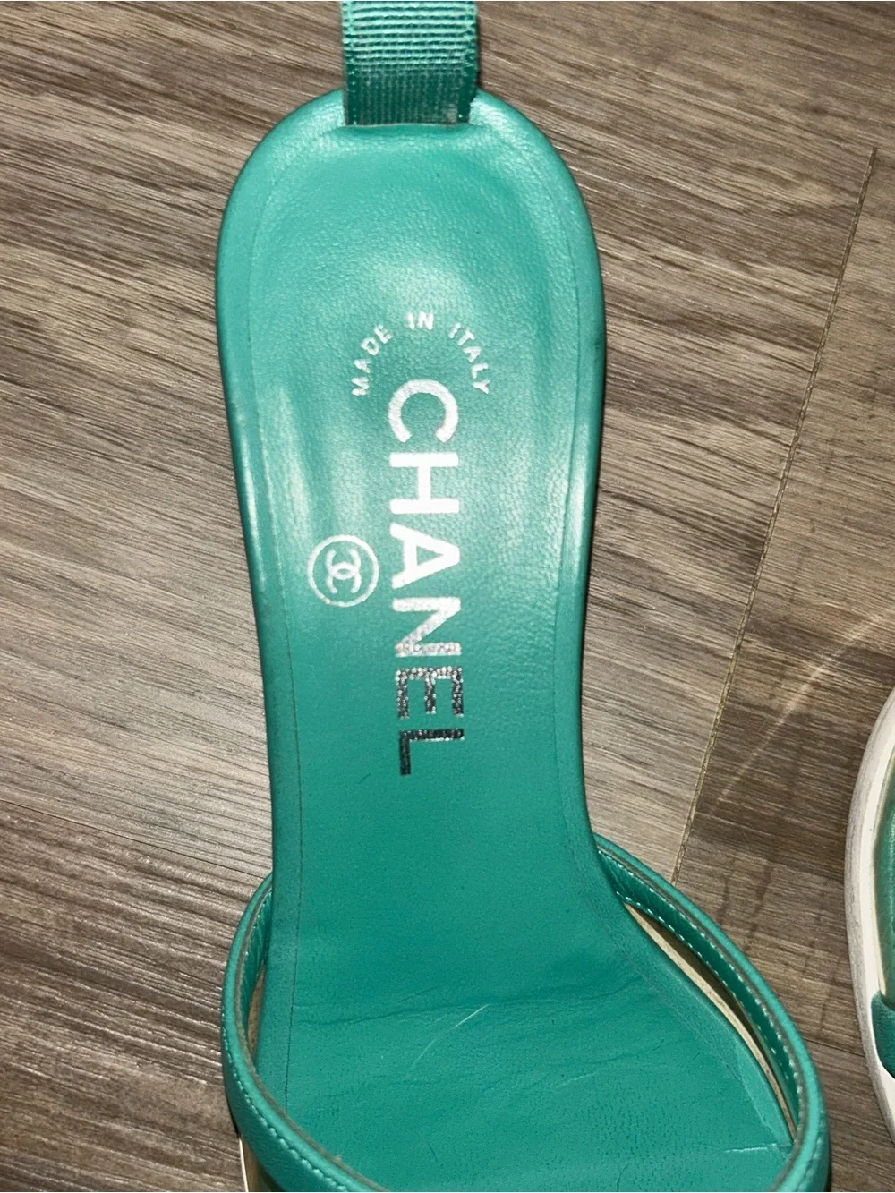 CHANEL Turquoise Green Leather PVC Slide Sandals-SIZE 36
